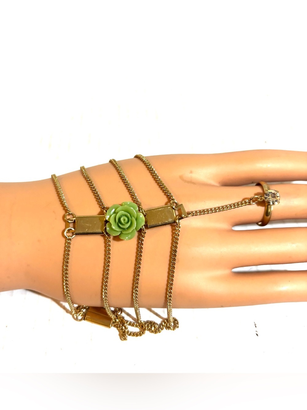 Fashion Jewelry Gold-Tone Multi-Chain Hand Bracelet with Green Rose